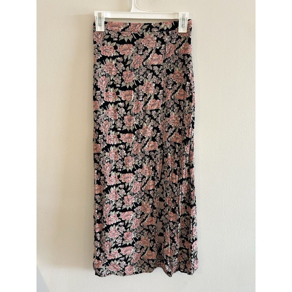 AE American Eagle High-Waisted Black Pink Floral Front Slit Midi Skirt Size XS